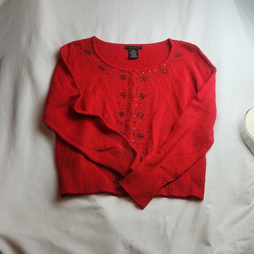 Apostrophe Cardigan Sweater Beaded Floral Red Women's Size Large